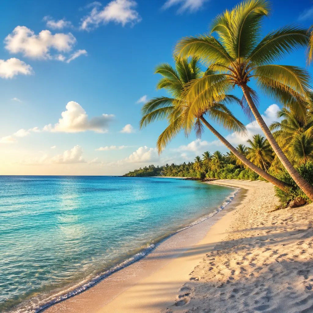 Einsamer tropischer Strand mit Palmen und türkisfarbenem Wasser im Oktober