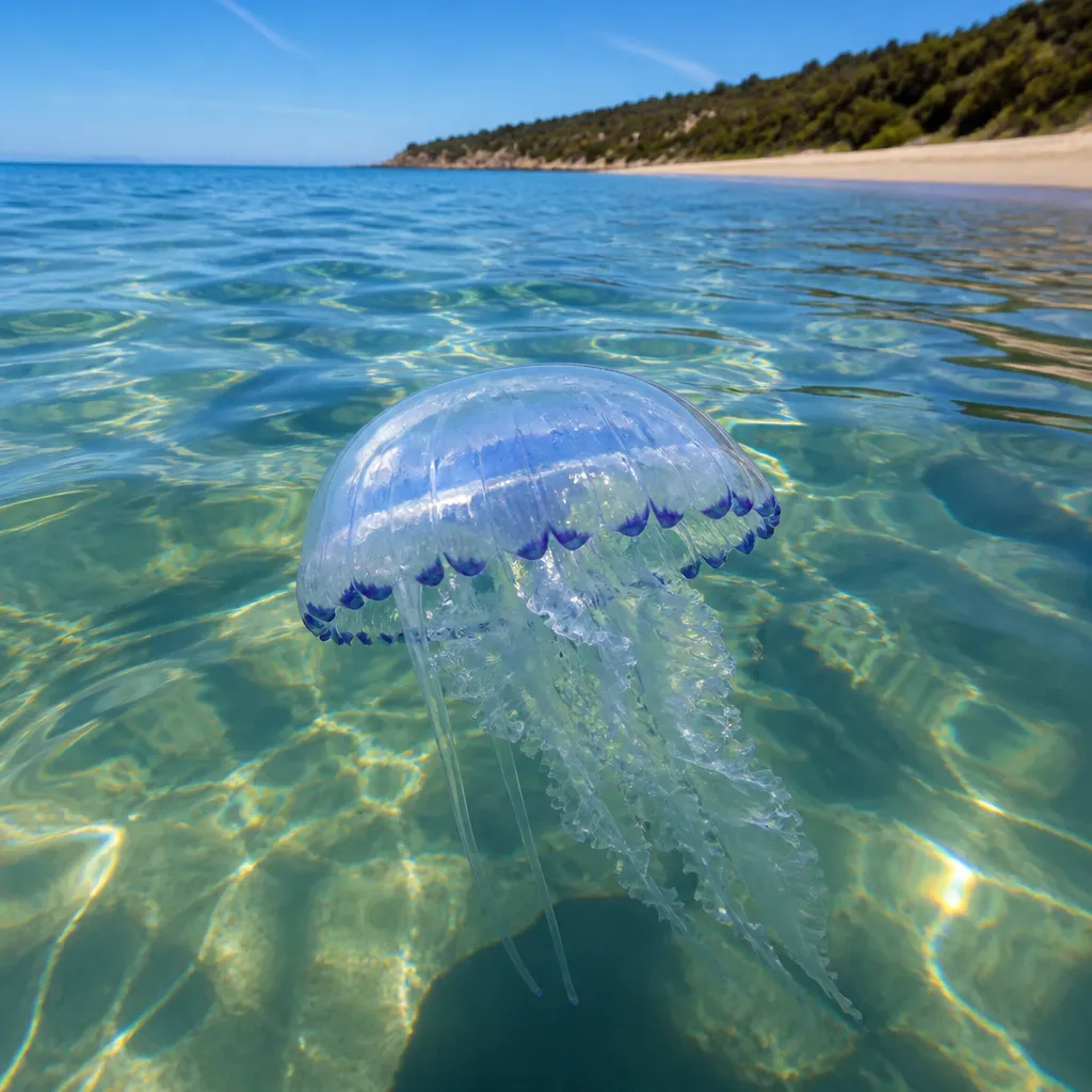 Durchsichtige Qualle schwimmt im flachen Küstenwasser der Ostsee bei Sonnenlicht