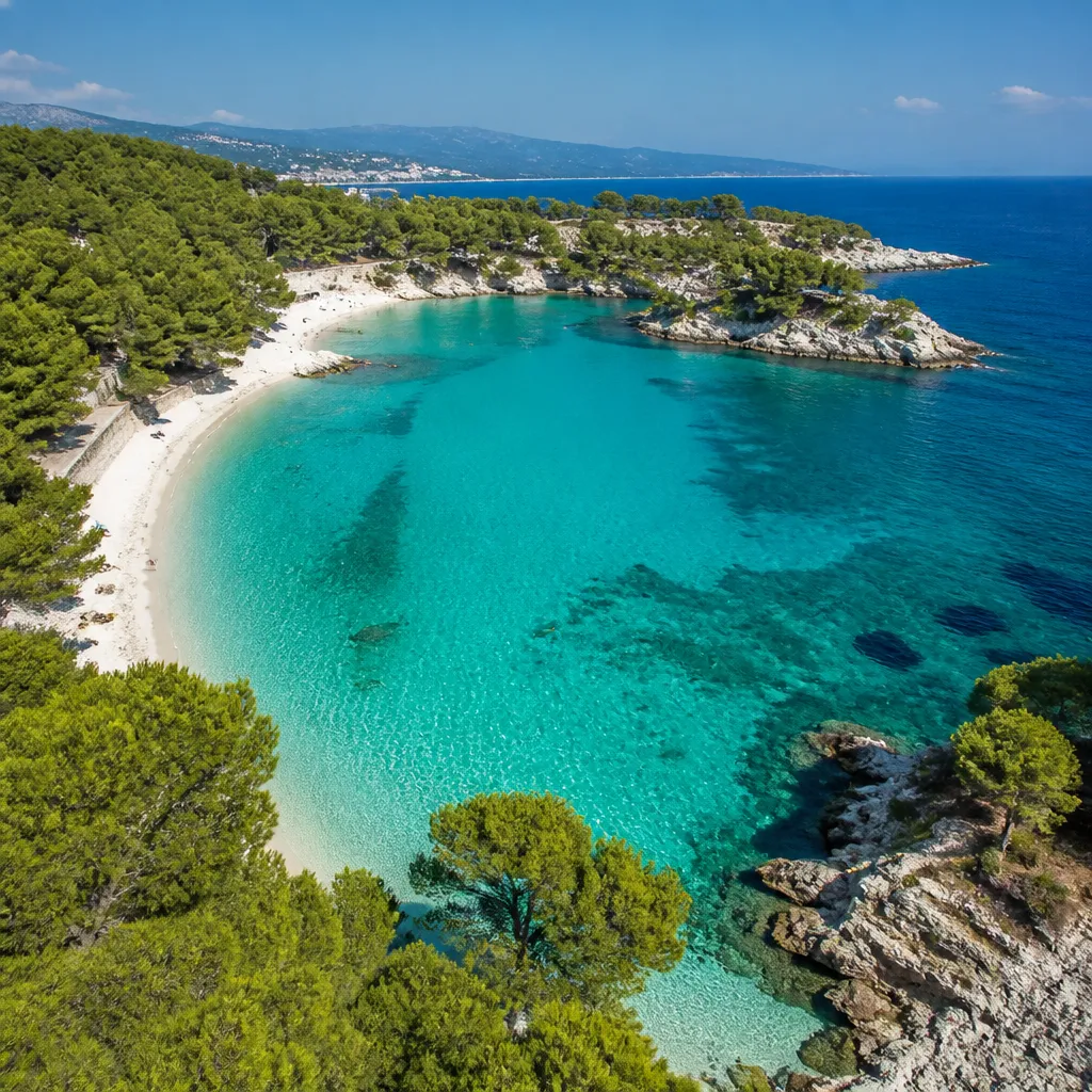 Türkisfarbene Bucht mit weißem Sandstrand und Pinienwald an der Küste Korsikas