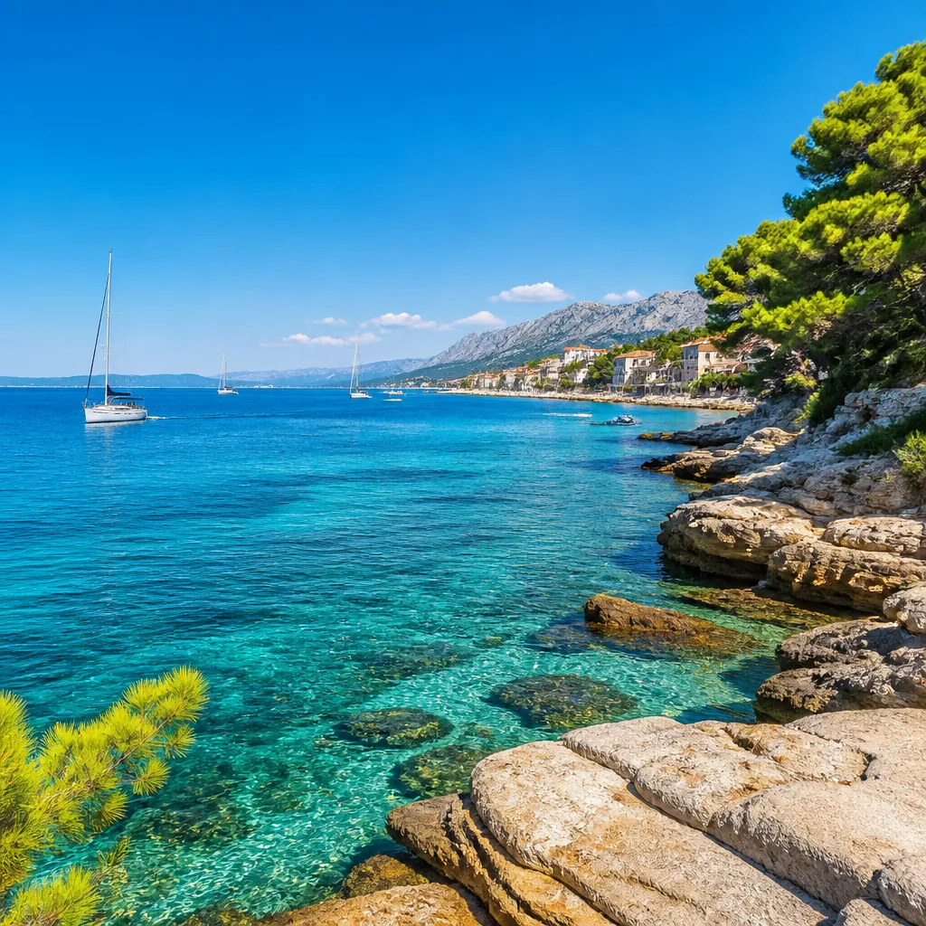 Türkisblaues Wasser der Adria an einem sonnigen Septembertag mit felsiger Küste