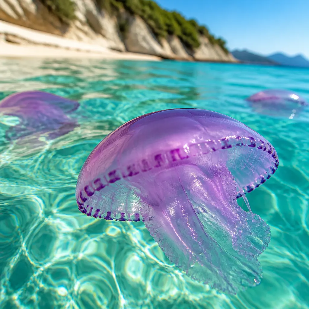 Durchscheinende violette Qualle treibt im klaren türkisblauen Wasser des Mittelmeers nahe der Küste