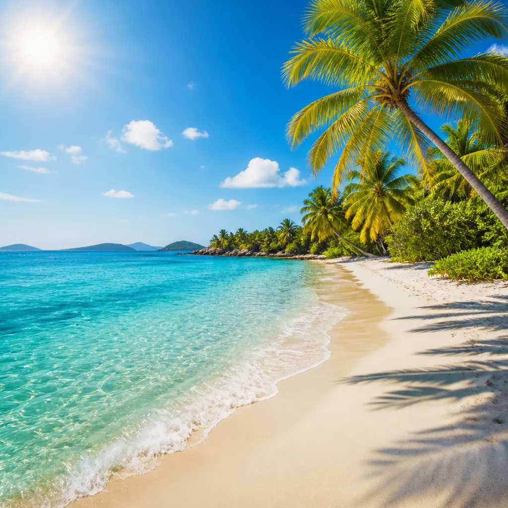 Leerer Sandstrand mit türkisem Meer und Palmen im sonnigen Winterlicht