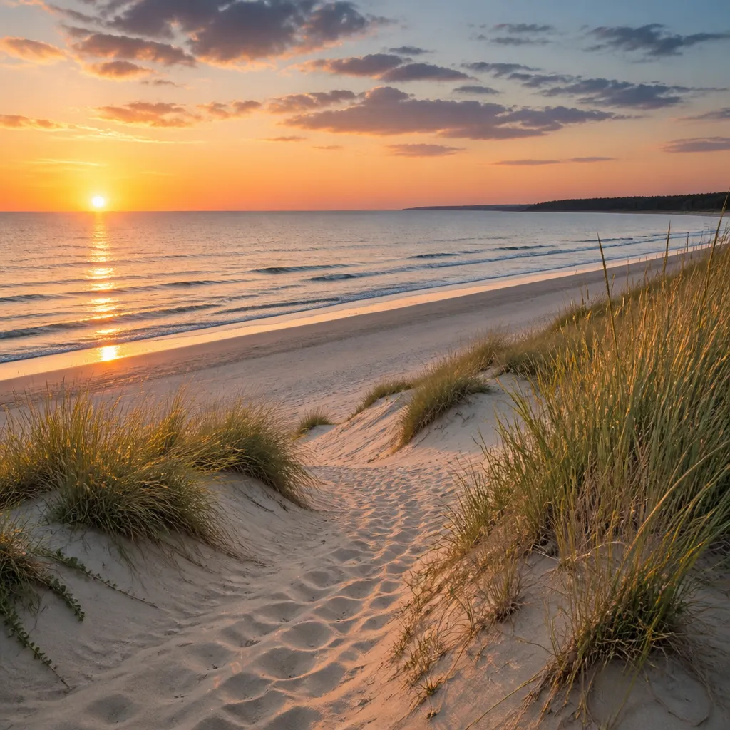 Einsamer FKK Strand an der Ostsee mit Duenen und sanften Wellen bei Sonnenuntergang