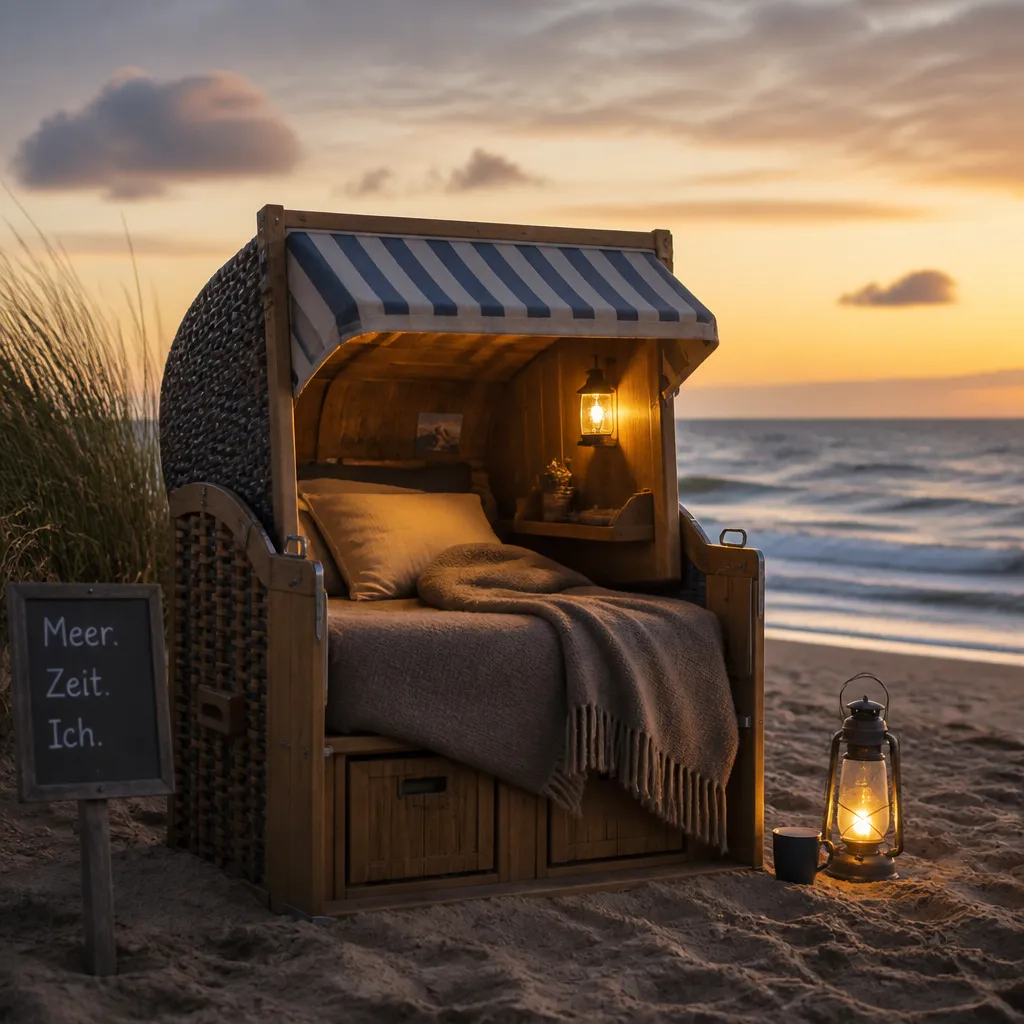 Schlafstrandkorb am Strand bei Sonnenuntergang mit Blick auf das Meer
