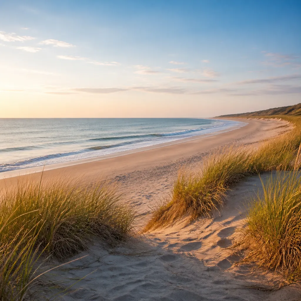 Einsamer FKK-Strand mit Duenen und ruhigem Meer im Morgenlicht