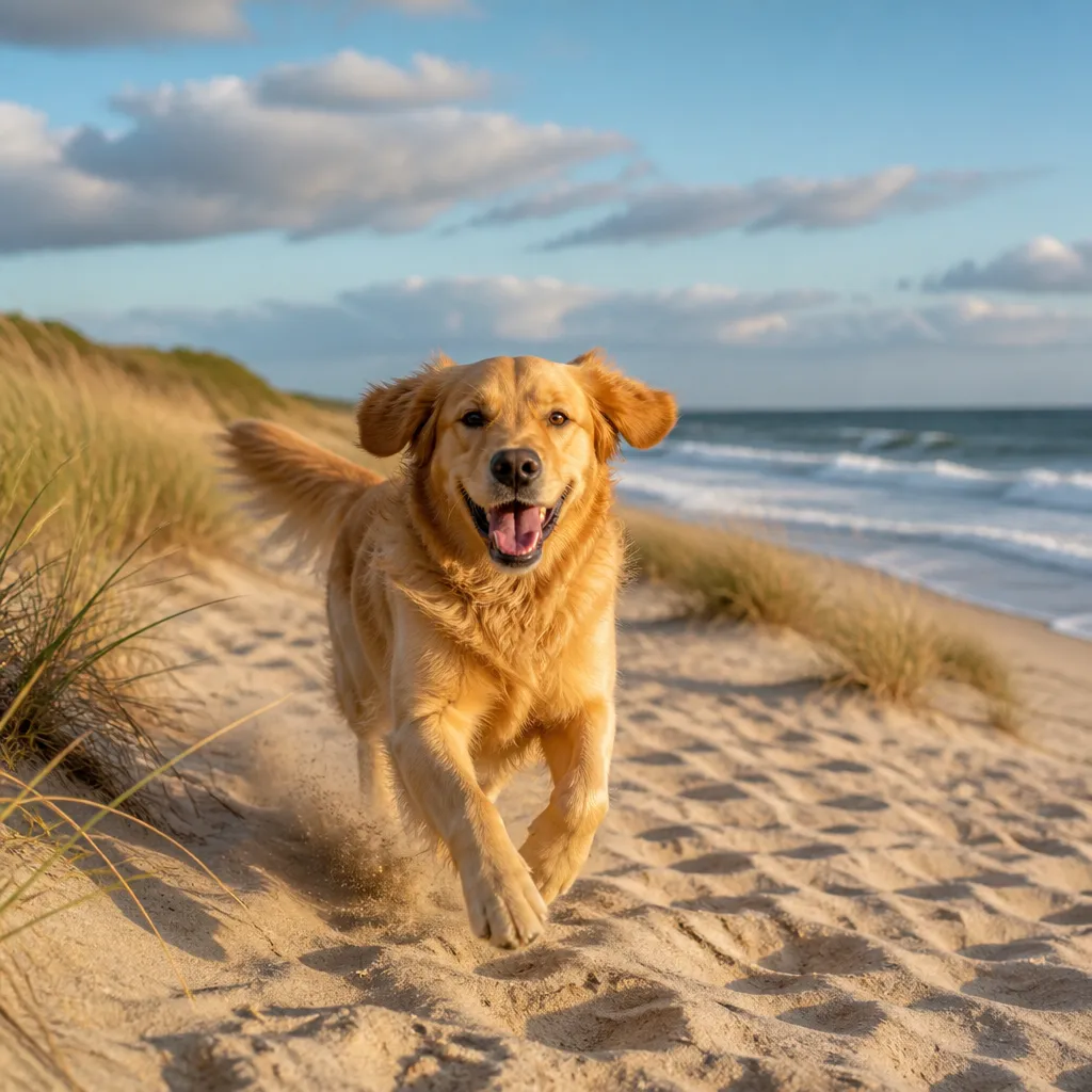 Hund laeuft frei am Ostseestrand mit Duenen und Wellen im Hintergrund