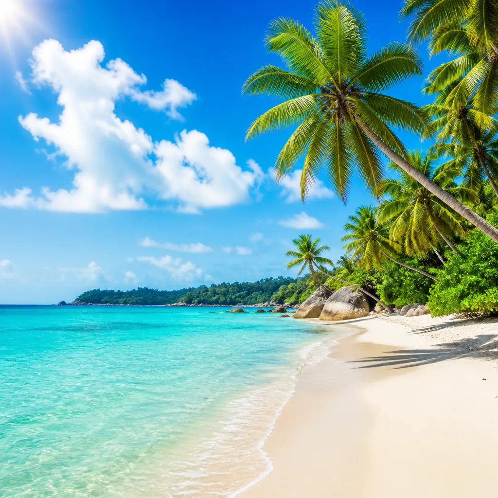 Türkisfarbenes Meer und Palmen an einem tropischen Strand im Februar